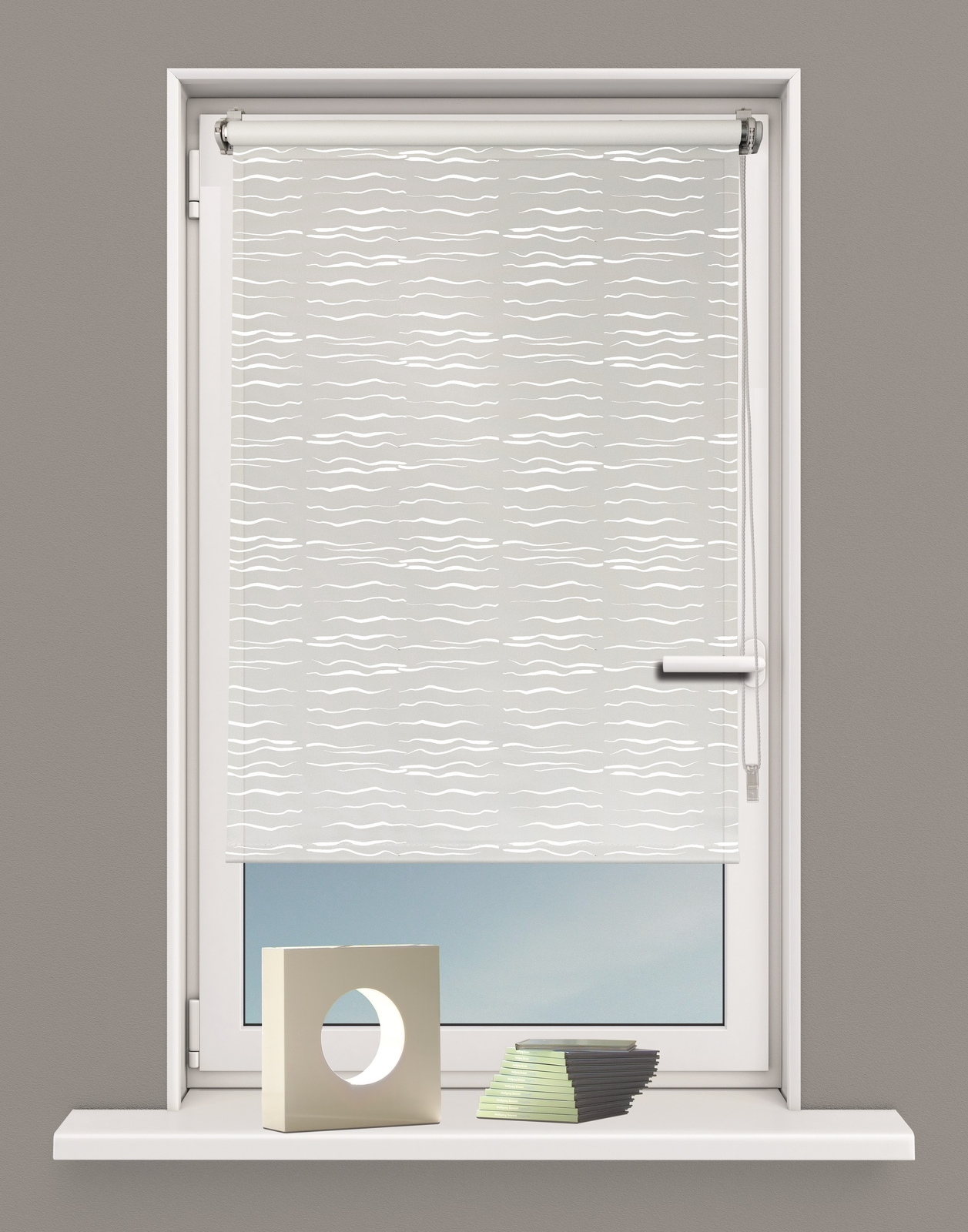 Seitenzugrollo Weiß mit Motiv am Fenster